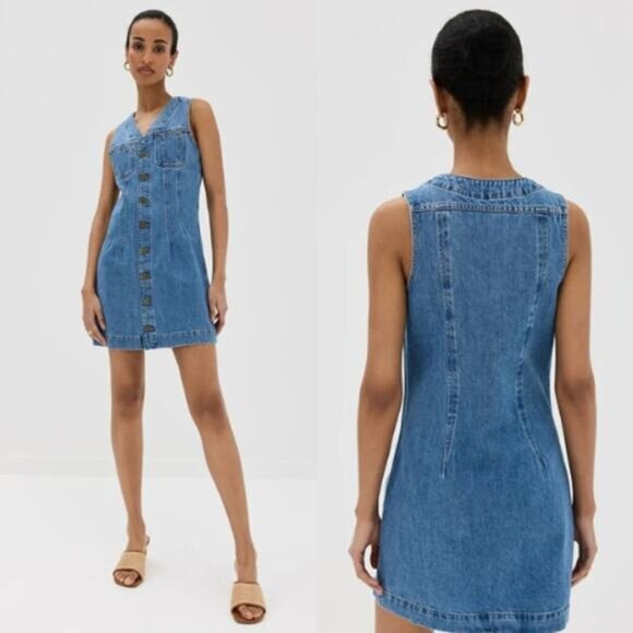 Frame Dresses & Skirts - NEW Frame Sleeveless V-Neck Button Front Trucker Pocket Denim Mini Dress Blue XS